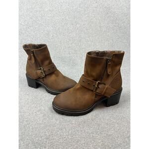 Bugatti Moto Ankle Boots Womens Size 7.5 Faux Leather Buckle Casual Block Heels